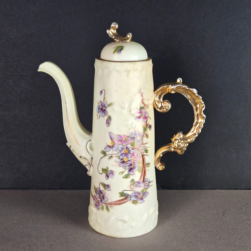 Antique 1904-1924 Royal Rudolstadt Tea Pot  9in Flower Cream Gold Handle - Picture 1 of 13