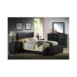 Platform Queen Size Bed Upholstered, Black Leather Bedroom Furniture