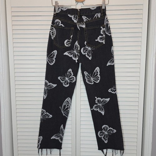 PACSUN Eco Black Butterfly Jeans Women Sz 25 High Rise Straight Cotton Y2K Boho - Picture 4 of 13