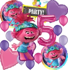 Anagram for Trolls, Girls Birthday Party Foil Balloon Bouquet Set 5th Birthday