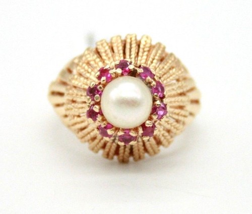 14K Yellow Gold Vintage Rubies & South Sea Pearl Cocktail Ring Size 6.25 - Picture 3 of 12
