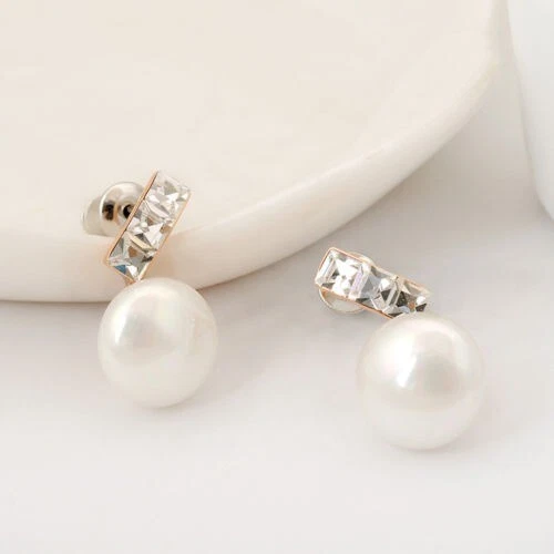 Elegante aretes de perlas de 10 mm con incrustaciones de cristal rellenos de oro rosa de 18 quilates para mujer regalo Foto 2 de 4