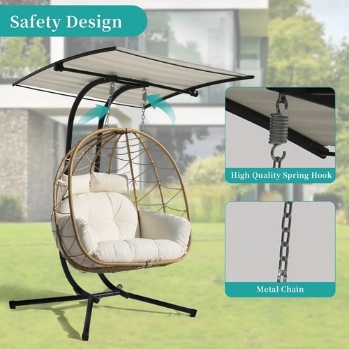 Double Hanging Egg Chair Outdoor Patio Wicker Chair with Stand Canopy Cushion - Picture 14 of 58