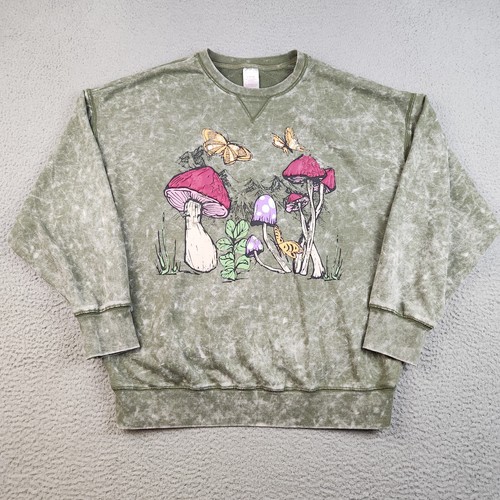 No Boundaries Mushroom Butterfly Green Tie-Dye Sweatshirt Women's Large Textured - Picture 1 of 8