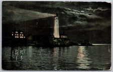 Vtg Massachusetts MA Boston Light House Harbor 1910s Night View Old Postcard