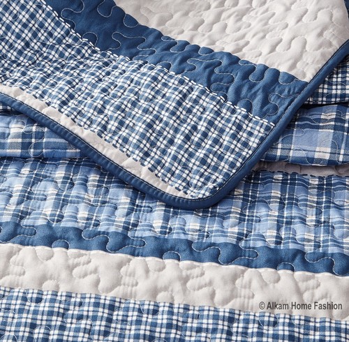 Modern Plaid 3-Piece Bedspread and Pillow Sham Set | Matching Curtains Available - Picture 3 of 7