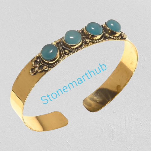 Chalzedon Messing Armreif \ Messingmanschette \ Handarbeit Manschette \ Edelsteinarmband - Bild 6 von 8