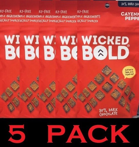 5 x carrés de bonbons chocolat noir méchants BOLD poivre de Cayenne 70 % 2,5 oz - PACK de 5