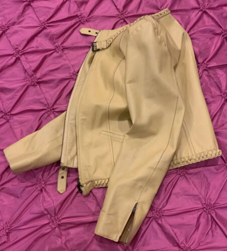 VTG 90’s Cache Women’s Yellow Genuine Leather Zipped Up Short Moto Jacket 8 - Picture 7 of 12