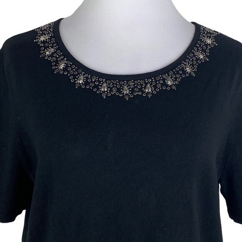 Samantha Grey Black Beaded Neckline Short Sleeve Sweater Women's Medium - Picture 3 of 7