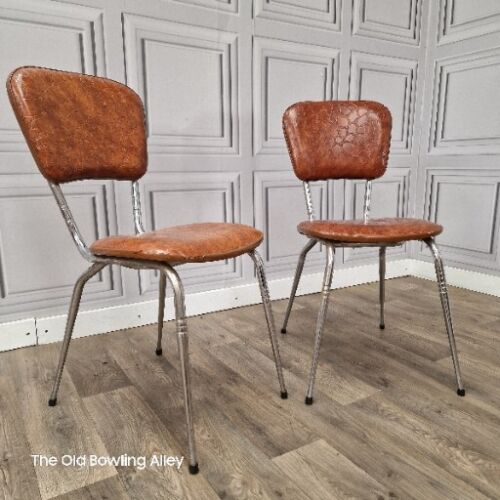 Pair x2 Vintage French Chrome & Faux Brown Crocodile Leather Mid Century Chairs - Picture 3 of 24