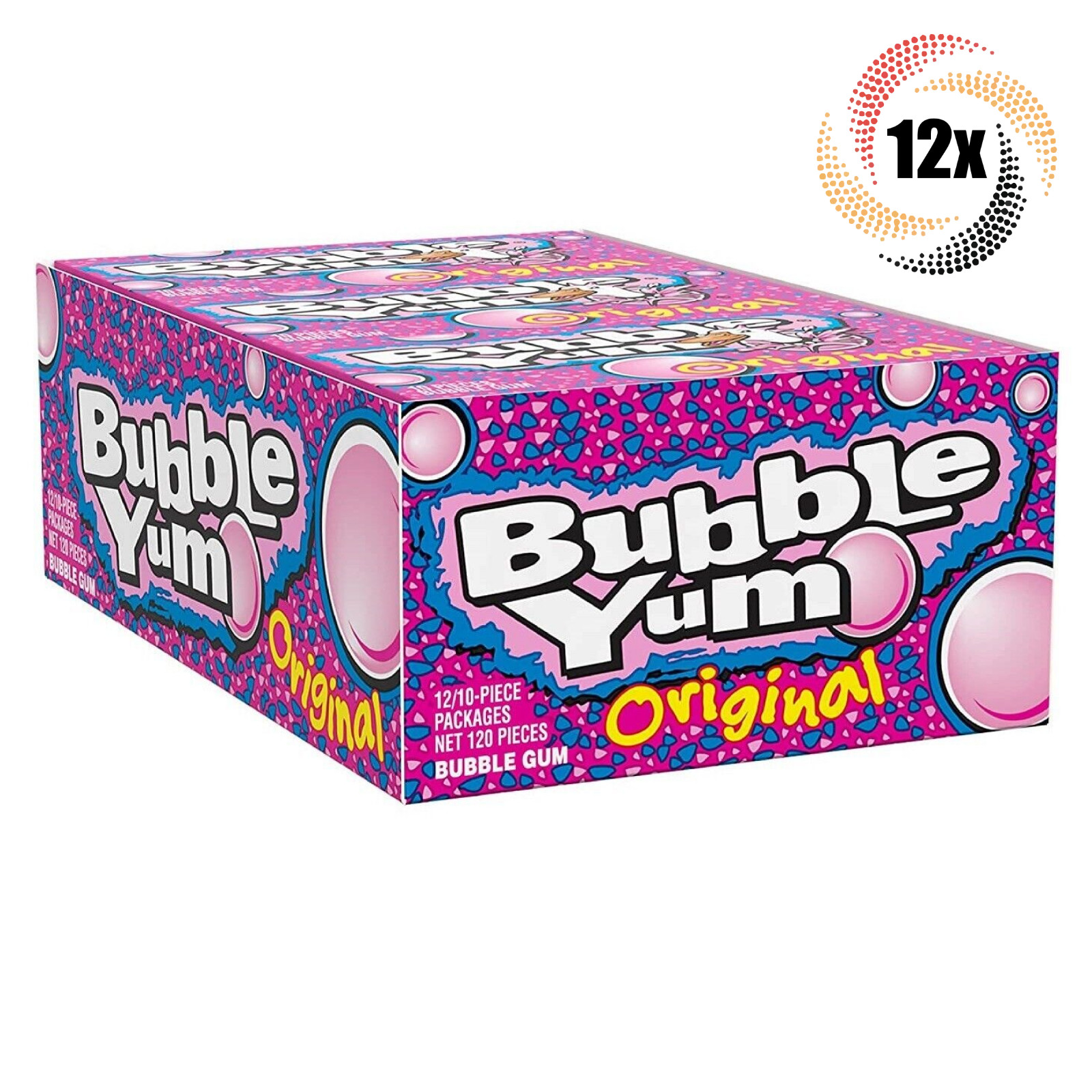 Полная коробка 12 упаковок жевательной резинки Bubble Yum с оригинальным вкусом | по 10 штук в каждой | 2,8 унции