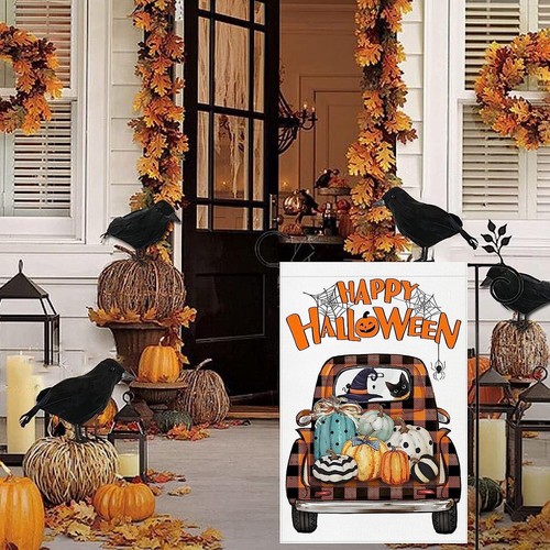 Happy Halloween Camion Bandiera Giardino 12x18 Doppio Lato Bufalo Plaid Pickup Zucca - Foto 5 di 6