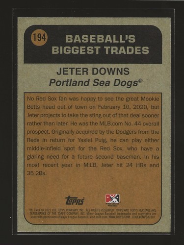 JETER DOWNS 2021 Topps Heritage Minor League Base Card Sea Dogs Red Sox (#194) - Picture 2 of 2