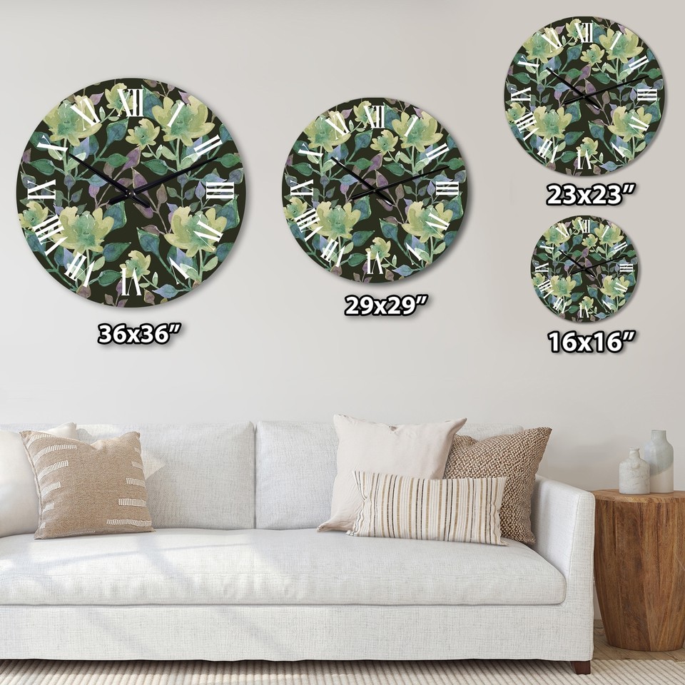 Designart 'Light Green Botanicals On Dark Green' Traditional wall clock