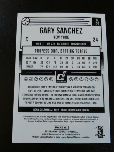 Gary Sanchez-2018 Donruss Baseball-Blue Holo-nrmt/mt/8-no.150-Yankees - Picture 2 of 3