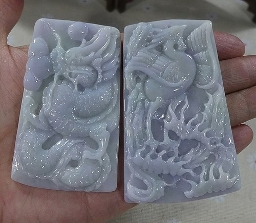 Cert'd Natural Type A Lavender Jadeite Jade Dragon Phoenix Big Pair Pendant 4342 - Picture 4 of 8