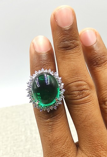 Huge Cabochon Shape Clear Green 36.51CT Emerald With Sparkling CZ Cluster Ring - Picture 6 of 6