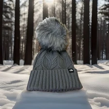The North Face Youth/Junior Beanie Oh-Mega Faux Fur Pom Vanadis Grey Winter Hat