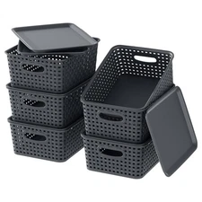 Small Plastic Storage Basket with Lid, Set of 6 Weave Plastic Baskets, Grey
