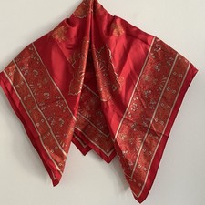 Ellen Tracy Silk Square Scarf Oriental Red Gold 34" Preppy Holiday