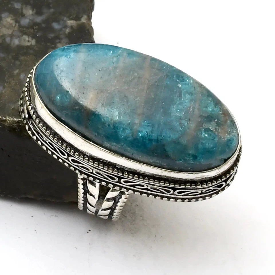 Apatit Edelstein Ethno Handarbeit Antik Design Ring Schmuck US Größe - 7 AR 33526