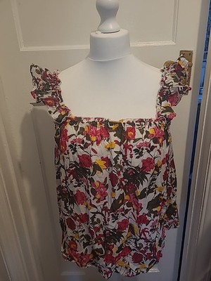 Ladies Primark Size 16 White/Cerise/Yellow Elasticated Hem Floral Top
