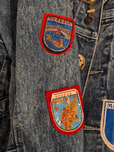 Blue Jean Retro Denim Jacket with Tons Of Pins And Patches From Around The... - Picture 11 of 17
