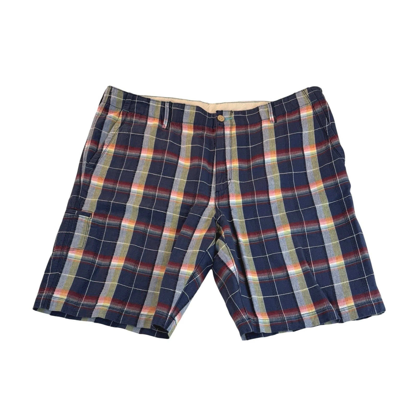 Tommy Bahama Relax Shorts 40 Navy Blue Plaid Linen Cotton Blend Flat Front