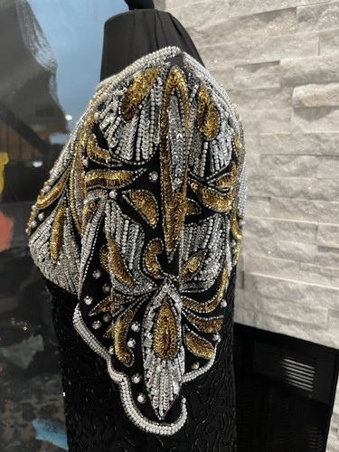 Lawrence Kazar Vintage 100% Silk Black Gold Beaded Sequins Gown Dress Size Small - Picture 13 of 22
