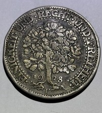1928 German Eagle and Oaktree 5 Reichsmark Silver Coin (Antique)