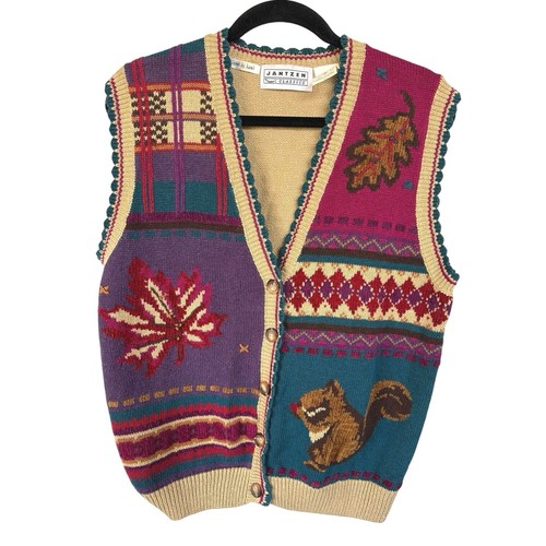 Vintage Colorful Squirrel Leaf Grandpa Knit Cabin Nantucket Sweater Vest Small