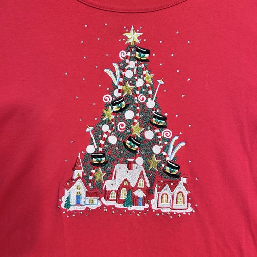 Quacker Factory Top Red Christmas Tree Holiday Village Sequins Embroidered - Picture 2 of 10