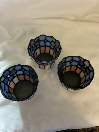 PartyLite 3 Arm Hydrangea Tiffany Style Stained Glass Candle Holders Lot Of 3 - Picture 8 of 9