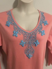 Quacker Factory Tunic Top  XL Coral Cotton knit Turquoise Beaded Resort 3/4 Slvs
