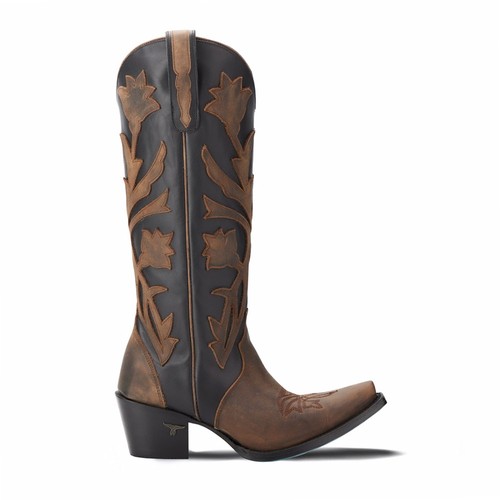 Lane Jolene Floral Tooled Inlay Snip Toe Cowboy Womens Black, Brown Casual Boot