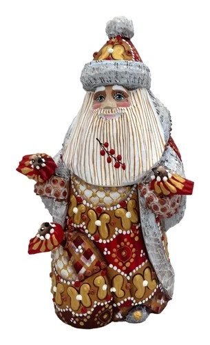 Red Russian SANTA with Birds Christmas Tree Wooden Hand Carved Hand Painted