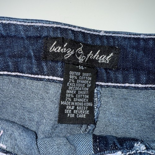 VINTAGE Y2K Baby Phat Denim Skirt Girls Size 14 Embroidered Cat Pink Bows Blue - Picture 2 of 7