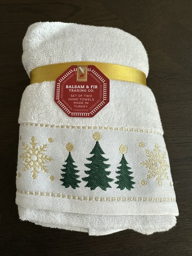 Balsam & Fir Christmas Trees Bathroom Hand Towels Embroidered White Set Of 2 NEW - Bild 1 von 3