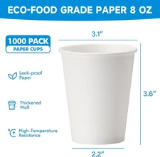 RACETOP 8 oz 1000 Count Disposable Paper Coffee Cups, 8 oz