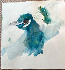 Original watercolor painting of a peacock head, signed by artist. OOAK