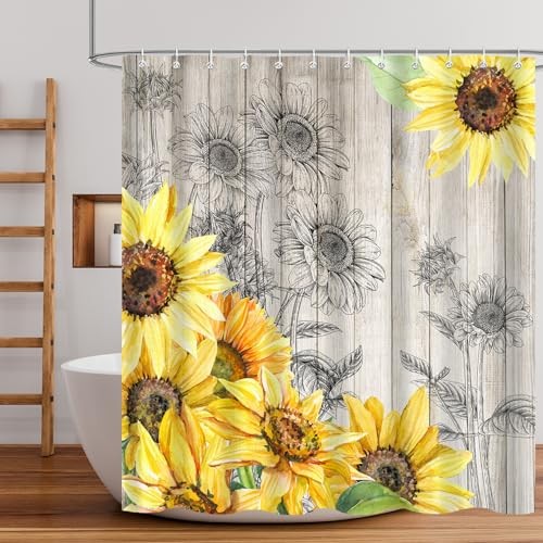 Shower Curtain, Rustic Yellow Flower Floral 72"W x 72"L (Pack of 1) Sunflower - Bild 3 von 8