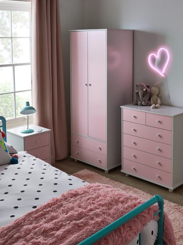 Miami Fresh Kids 3 Piece Package 2 Door 2 Drawer Wardrobe & Chest & Bedside Pink