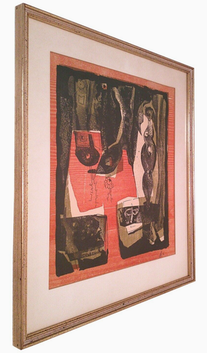 MID-20TH C VINT PENCIL SGND COLOR WOODBLOCK ABSTRACT FIGURATIVE PRINT, ORIG FRM - Picture 3 of 16
