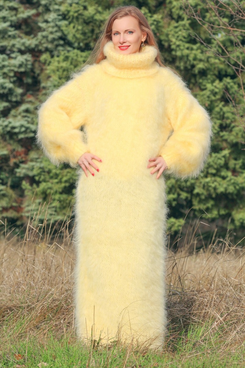 Yellow long mohair sweater dress fuzzy turtleneck warm soft gown