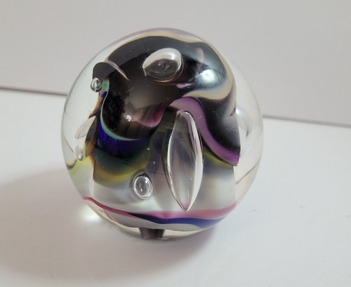 Rollin Karg Art Glass Paperweight colorful swirls & air bubbles - Picture 1 of 7