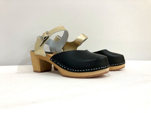 LOVE OF CLOGS Amelia 39 Black & Gold Ankle Strap Super Funki AU8 Silver Buckle - Picture 5 of 10