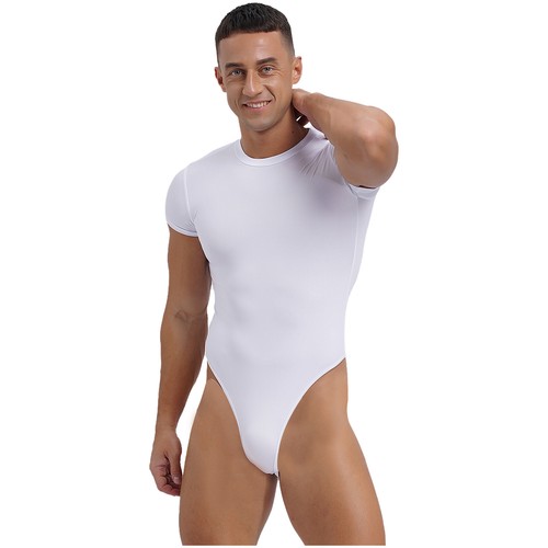 Men's One Piece Short Sleeve Buttoned Crotch Leotard Solid Color Bodysuit Romper - Picture 42 of 163