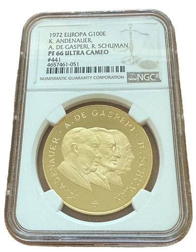 Germany 1972 Gold Medal 100 Ecu NGC PF66UC Adenauer, De Gasperi and Schuman