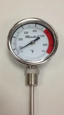 Asphalt Kettle Thermometer, 50-650F, 3" Dial, 15" Stem, 1/2" NPT Bottom Connect
